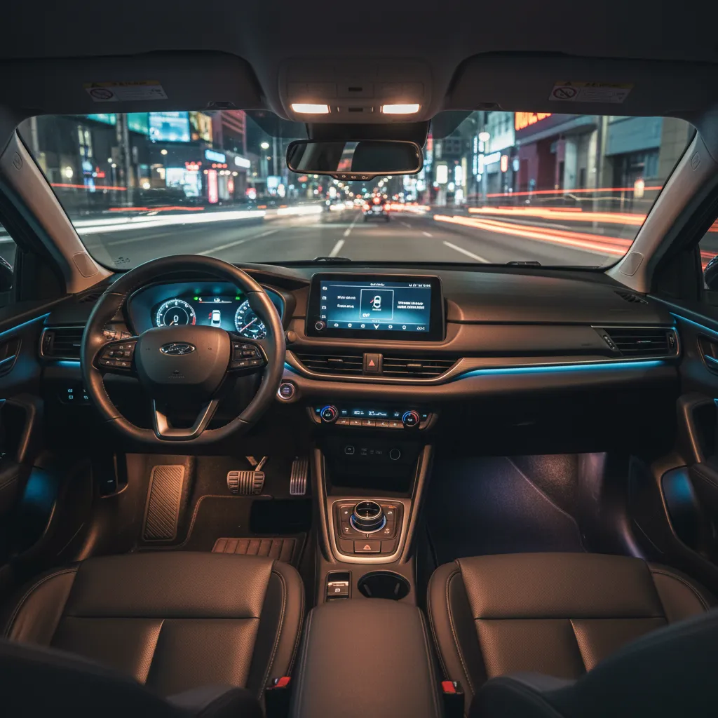 Compact sedan interior with soft ambient lighting for night driving comfort