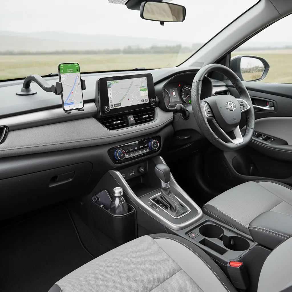 Organized compact sedan cabin with seat gap storage and dashboard mount
