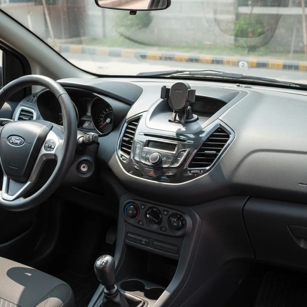 Ford Figo Aspire dashboard with phone mount and accessories installed