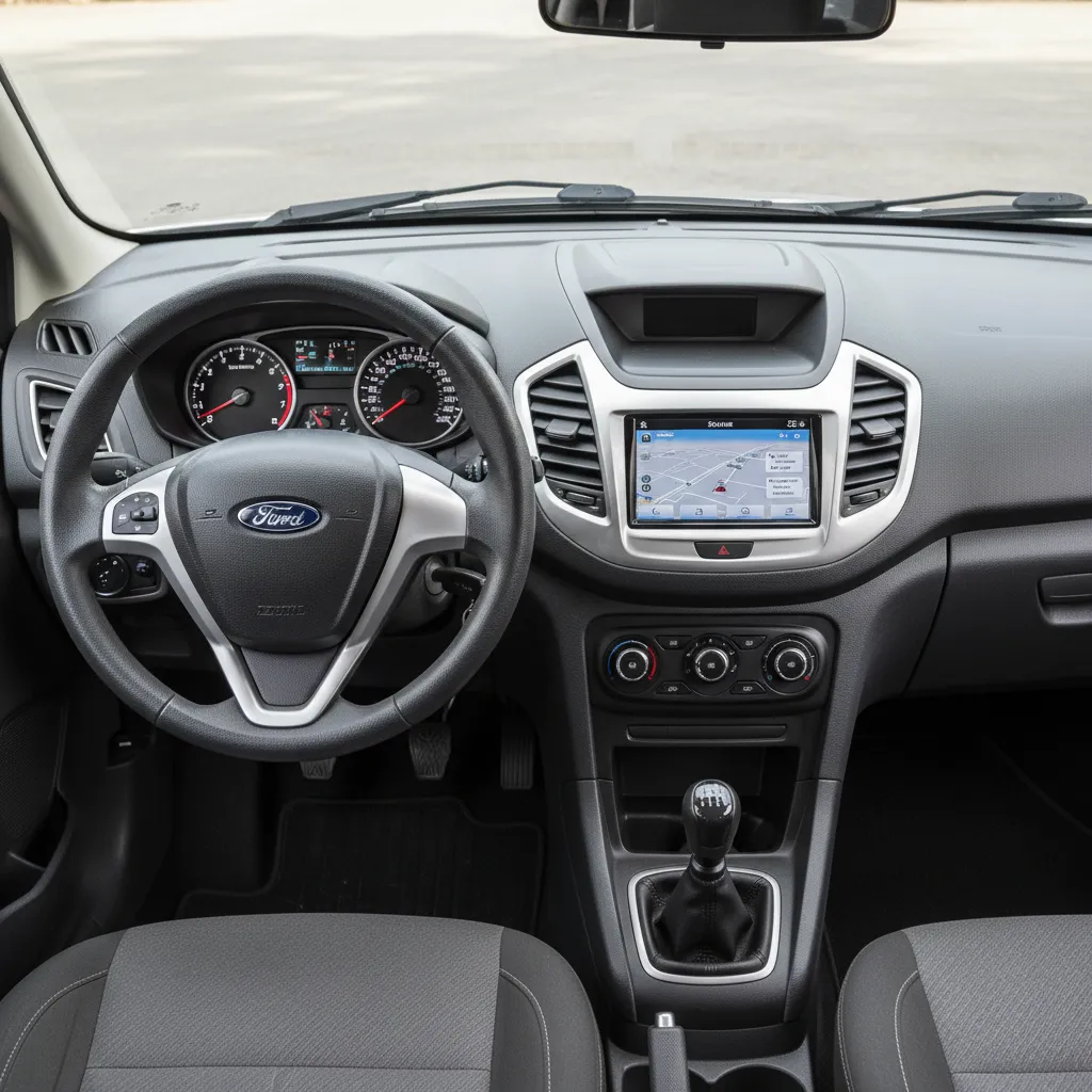 Clean dashboard and front cabin layout of a compact sedan similar to Ford Figo Aspire