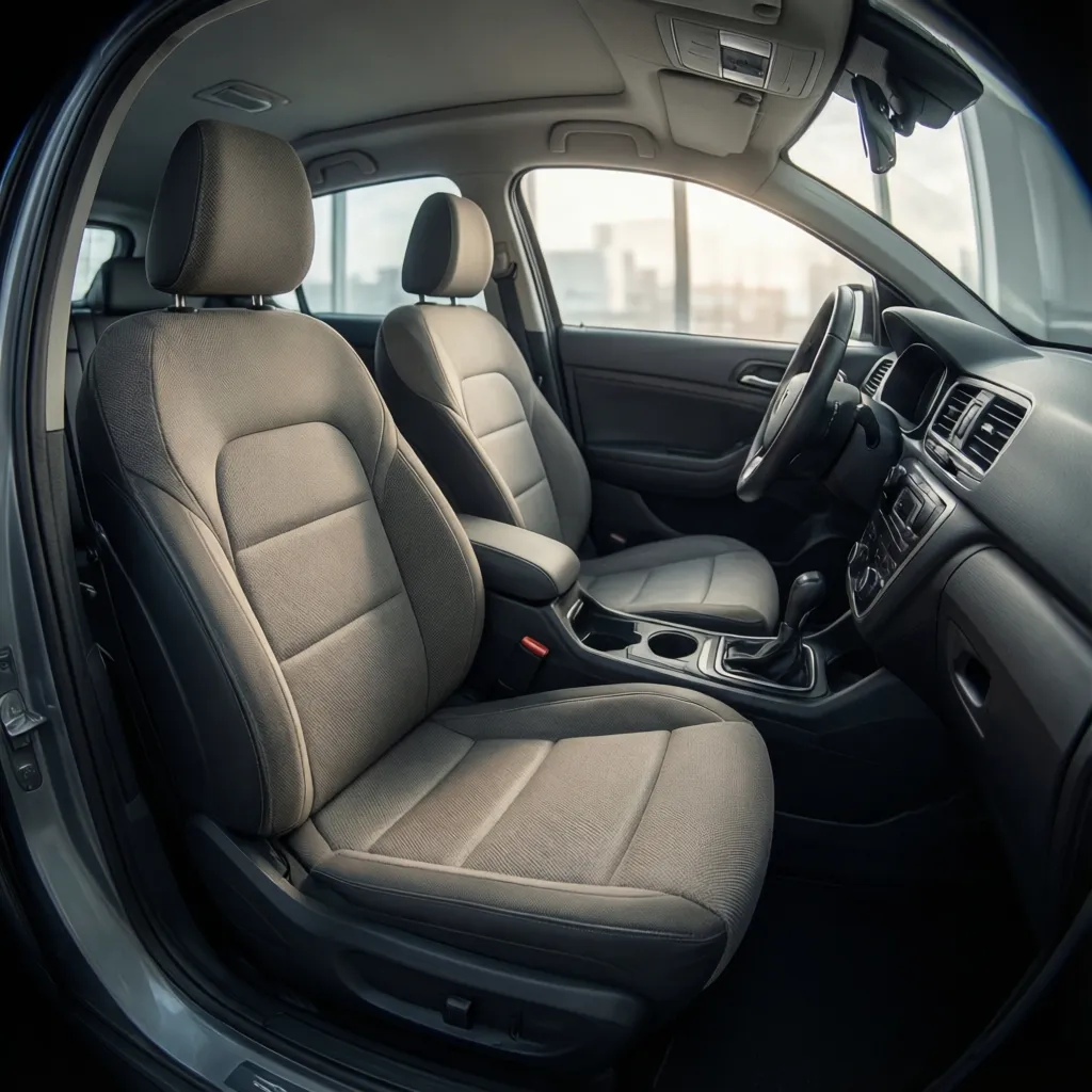 Driver seat setup with lumbar support cushion in compact sedan interior