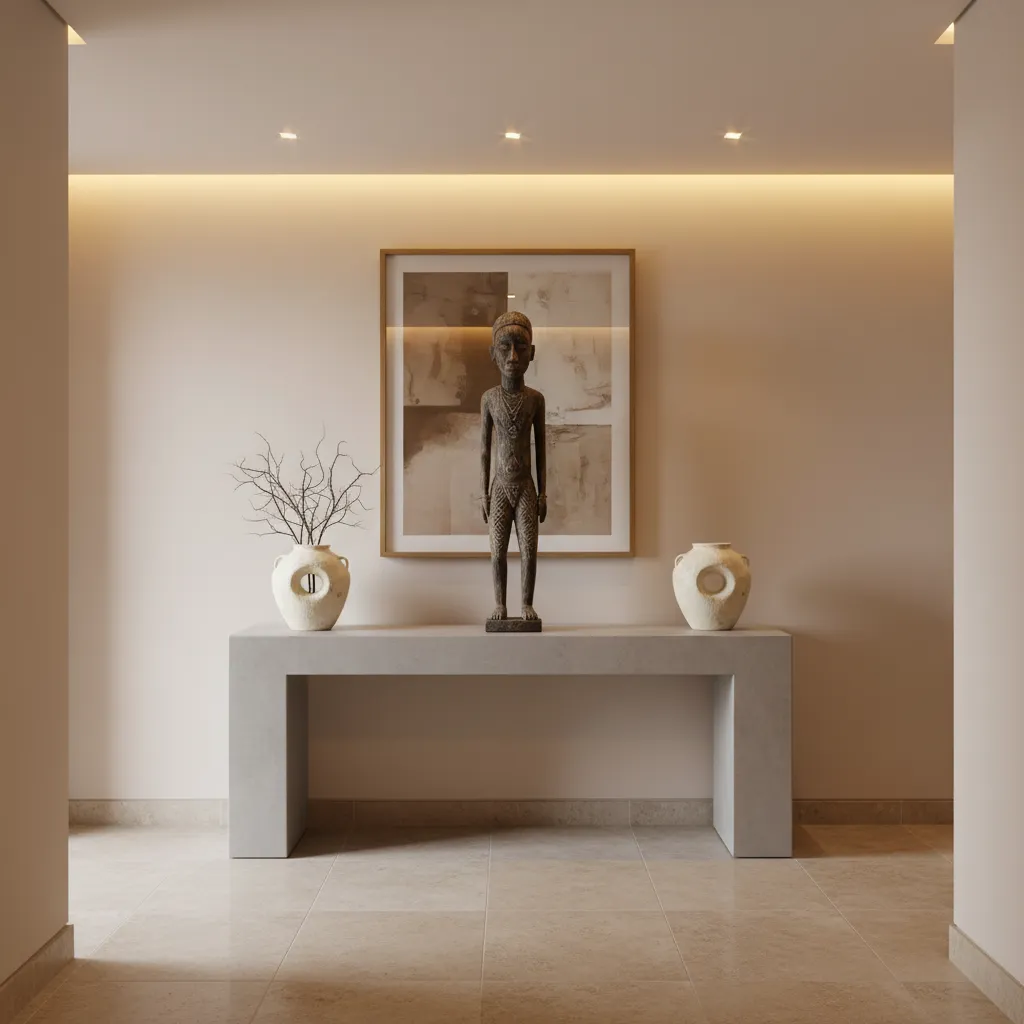 Figura africana alta decorando una consola de entrada moderna
