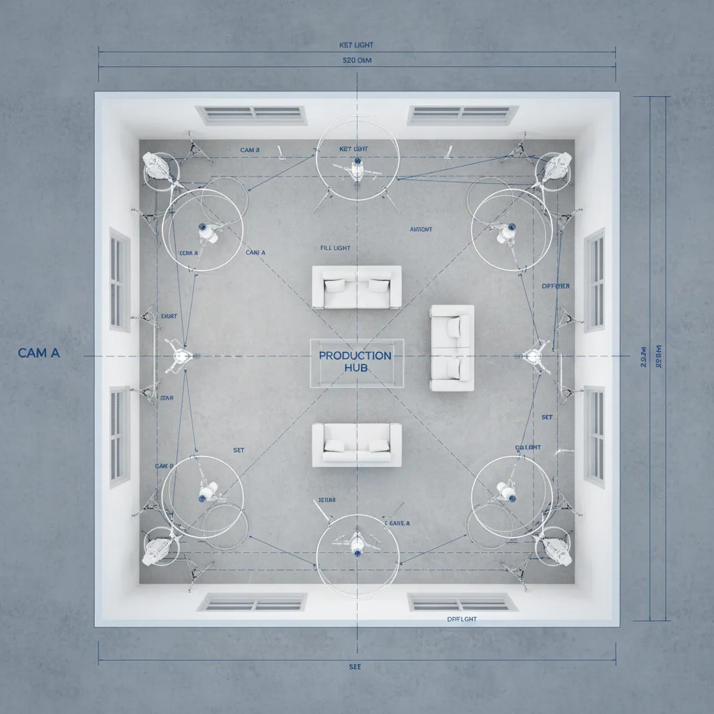 Film production floor plan with camera positions and lighting setup