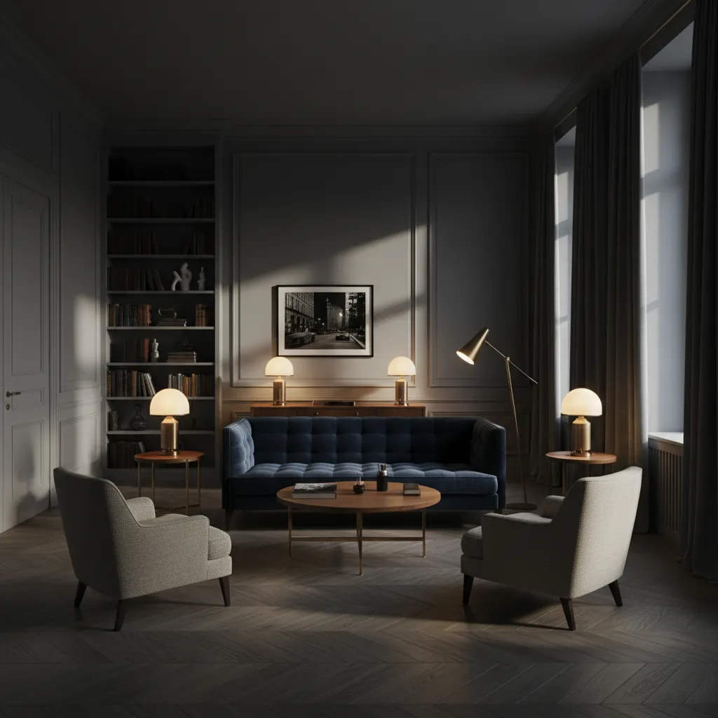 Elegant living room featuring blue sofa two grey armchairs wood coffee table and three lamps