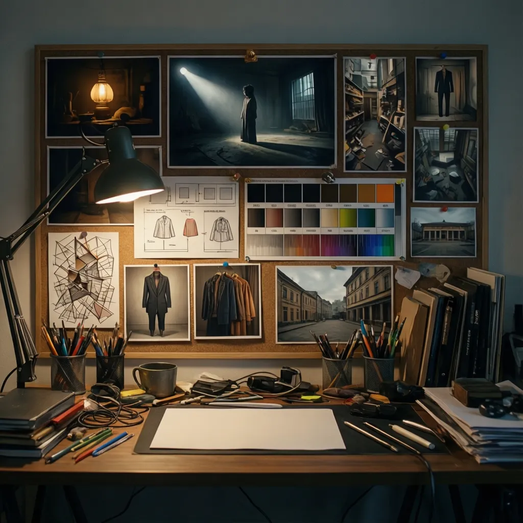 cinematic mood board with lighting references color grading and film stills