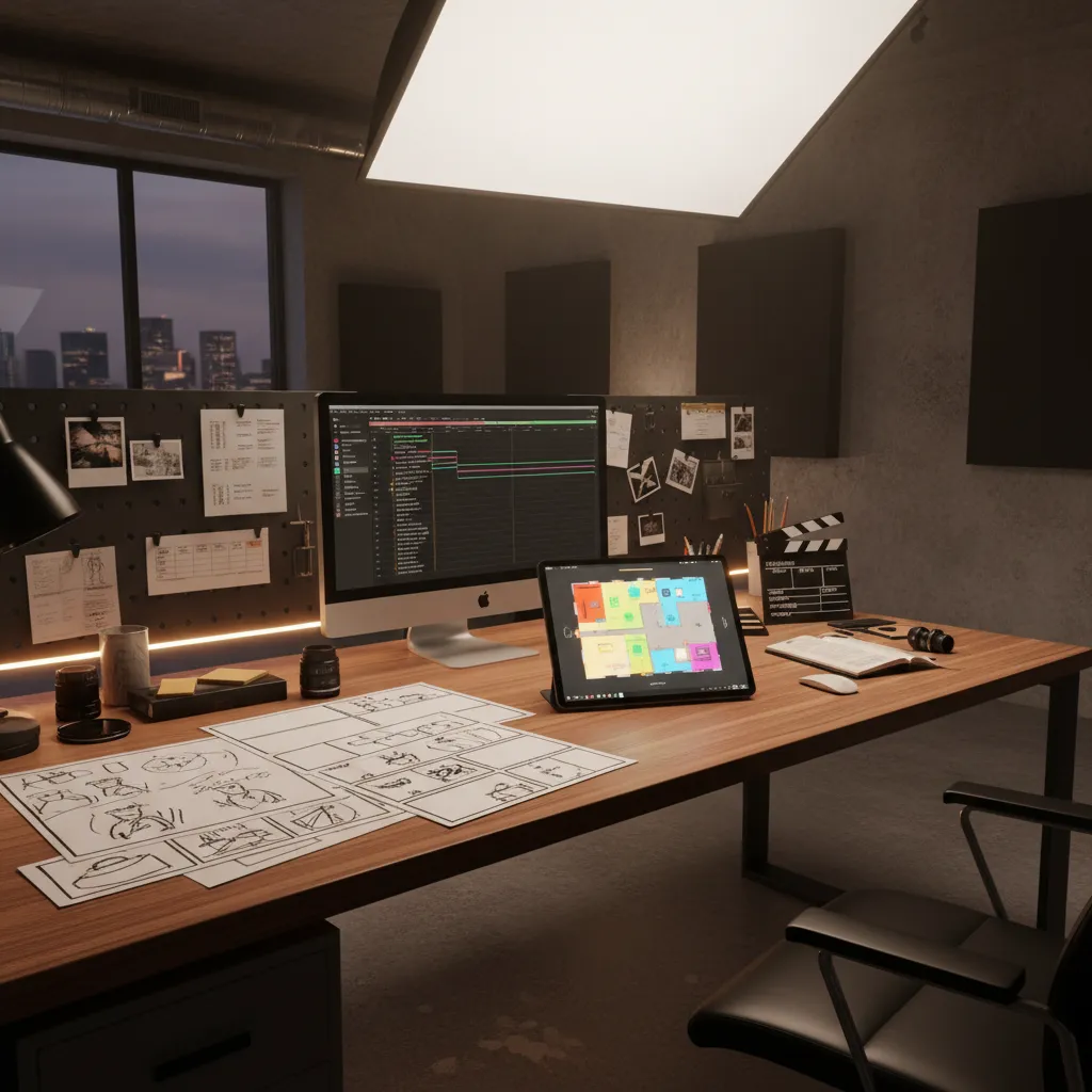 Film production planning with storyboard and floor plan side by side