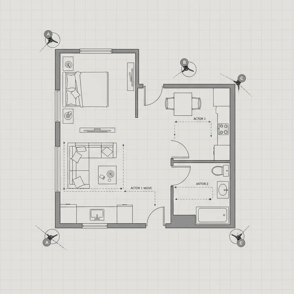 Top view film set floor plan showing camera lighting and actor positions