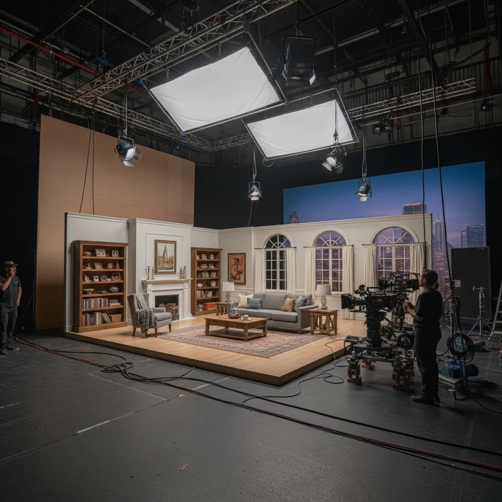 Film set showing living room with sofa fireplace bookshelves large studio lights and movie camera