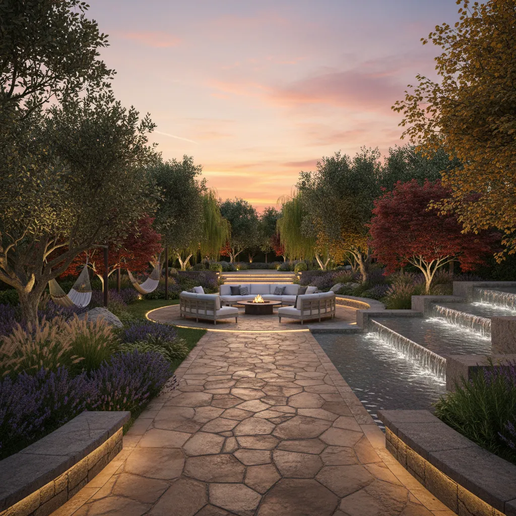 Photorealistic landscape design rendering showing completed garden visualization