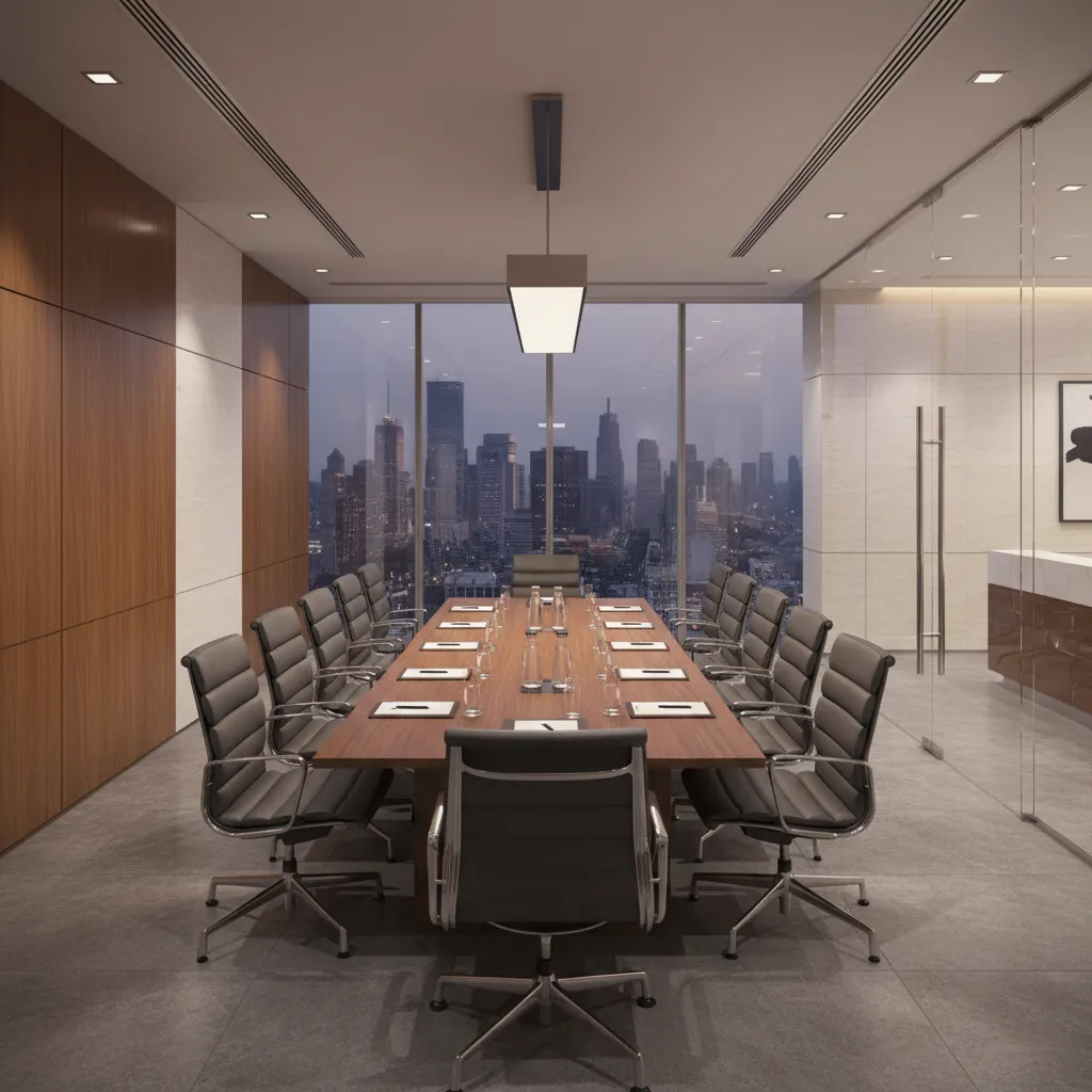 Professional law or finance office boardroom with large table and glass walls