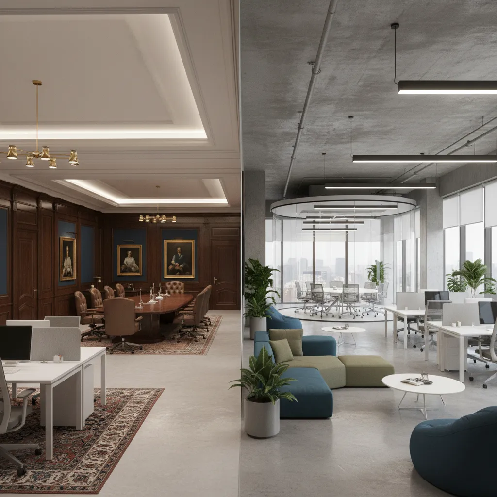 Comparison of traditional finance office layout and open technology workspace