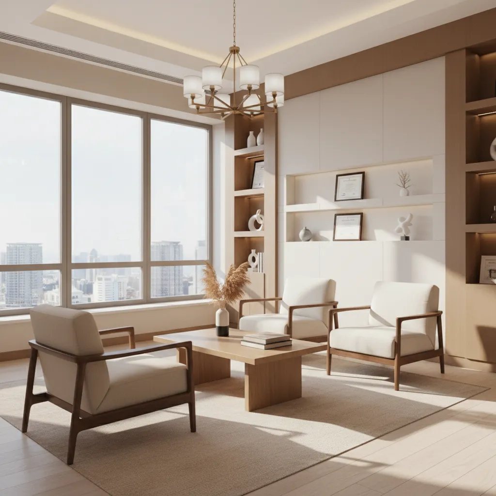 Financial advisor office consultation lounge with comfortable seating and professional decor