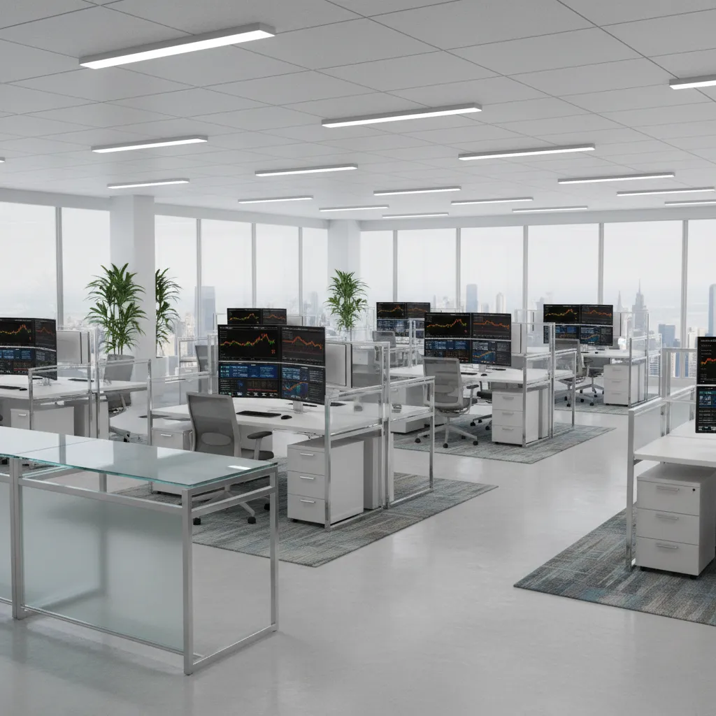 financial trading office with compliance supervisor desk overlooking analyst teams