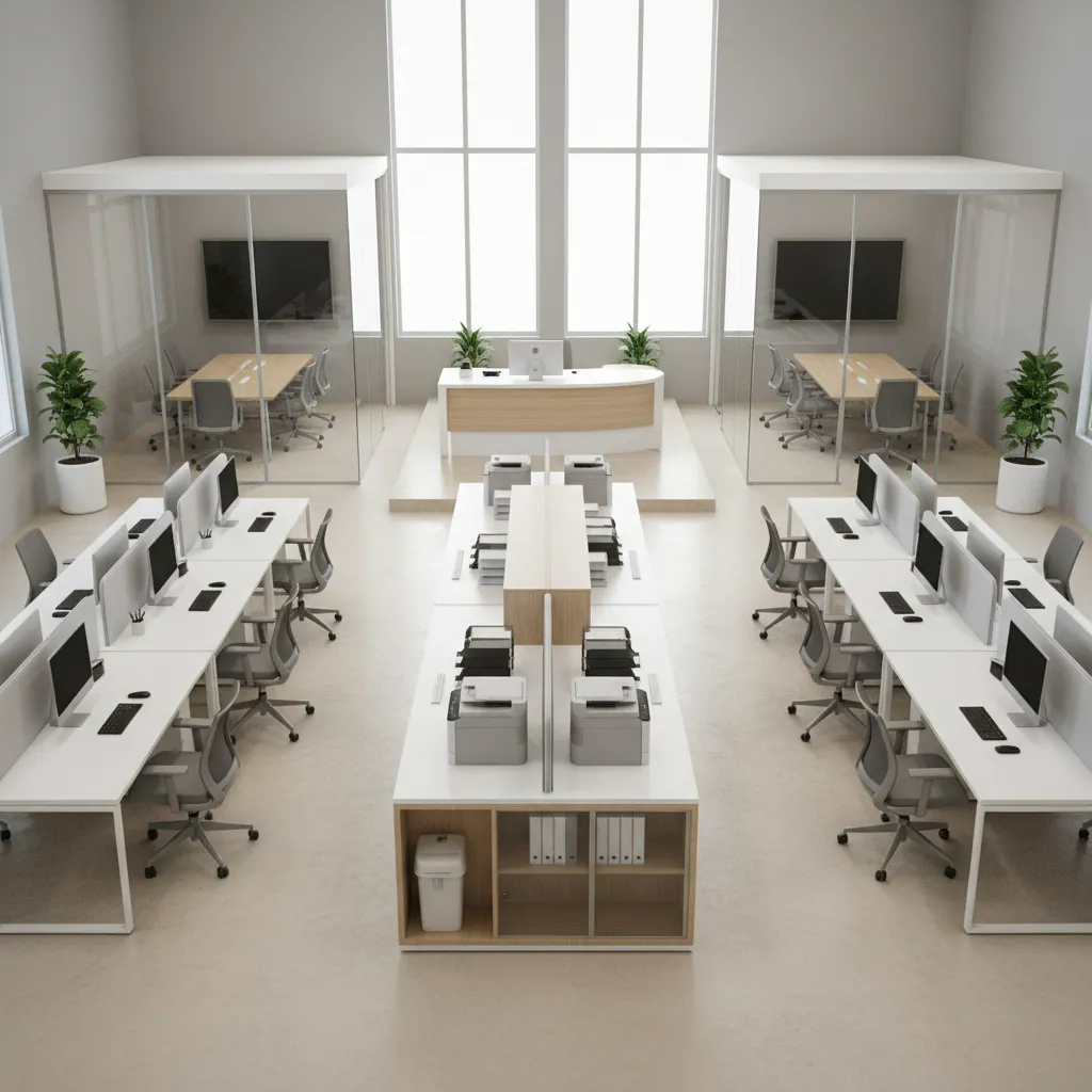 office redesign showing repositioned desks and added meeting rooms to improve financial compliance