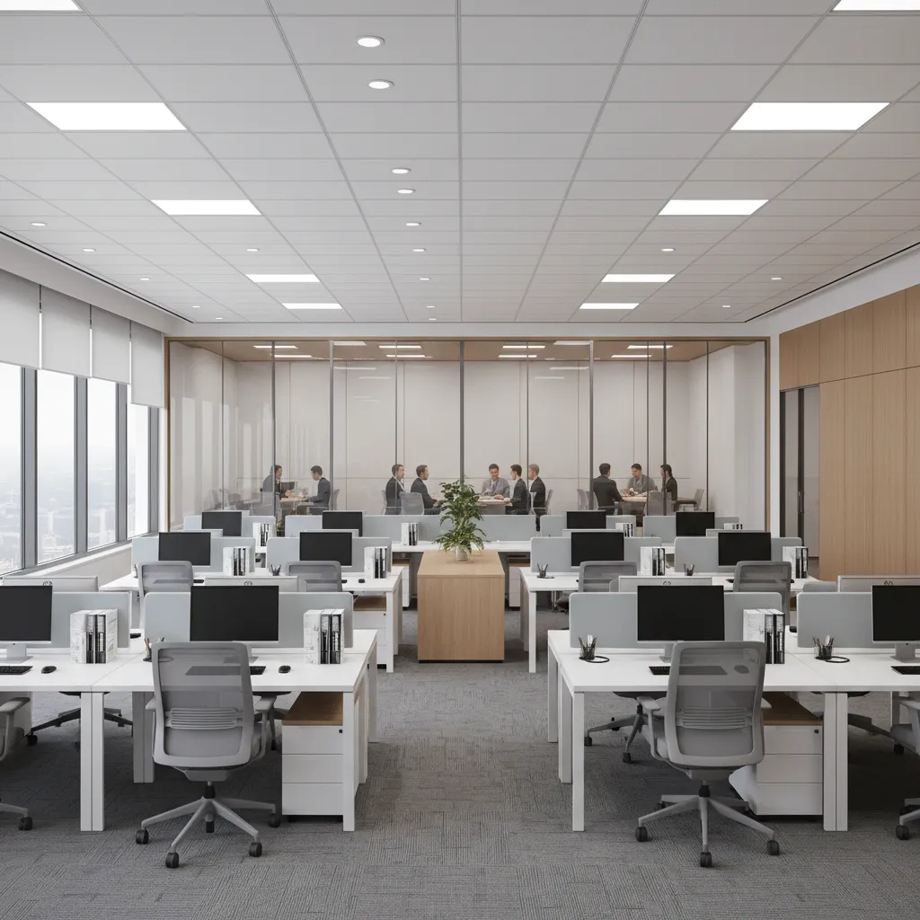 financial office interior with structured workstation layout and clear supervision visibility during regulatory inspection