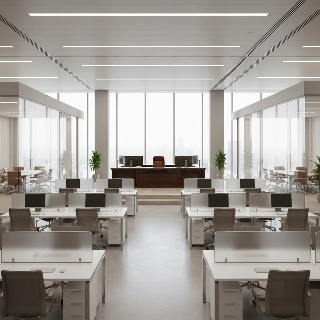 financial advisory office layout showing supervisor desks overlooking employee workstations