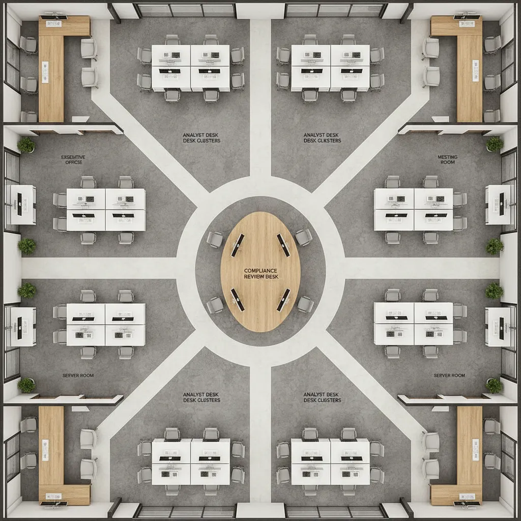 financial workplace layout showing workflow paths between analyst desks and compliance stations