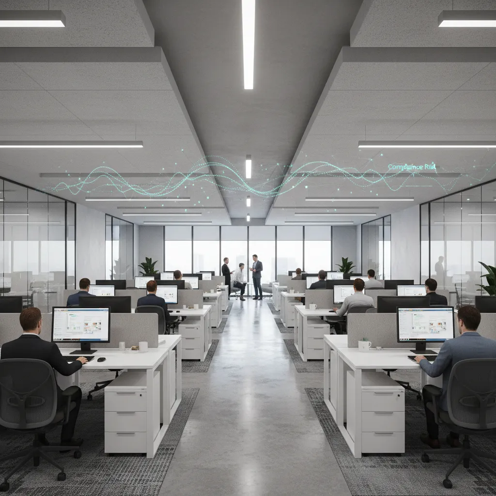 financial office open workspace with monitors facing hallway showing potential data exposure risk