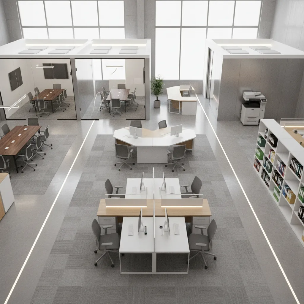 diagram style visualization of compliant financial office zones including advisor desks meeting rooms and supervision areas