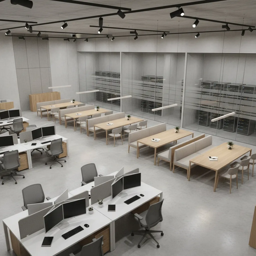 zoned financial office layout showing secure workstations and collaborative desks
