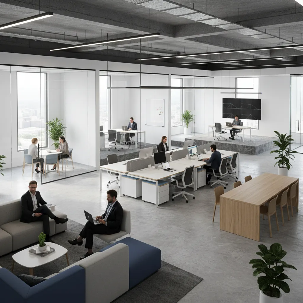 Financial office layout showing different zones for privacy supervision and collaboration