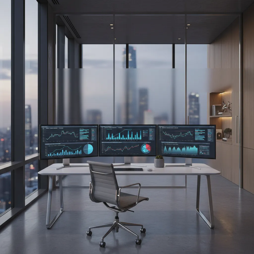 financial analyst studying risk charts on multiple screens