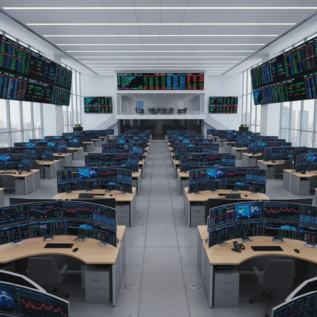Large financial trading floor with multiple monitors and open desk clusters for supervision