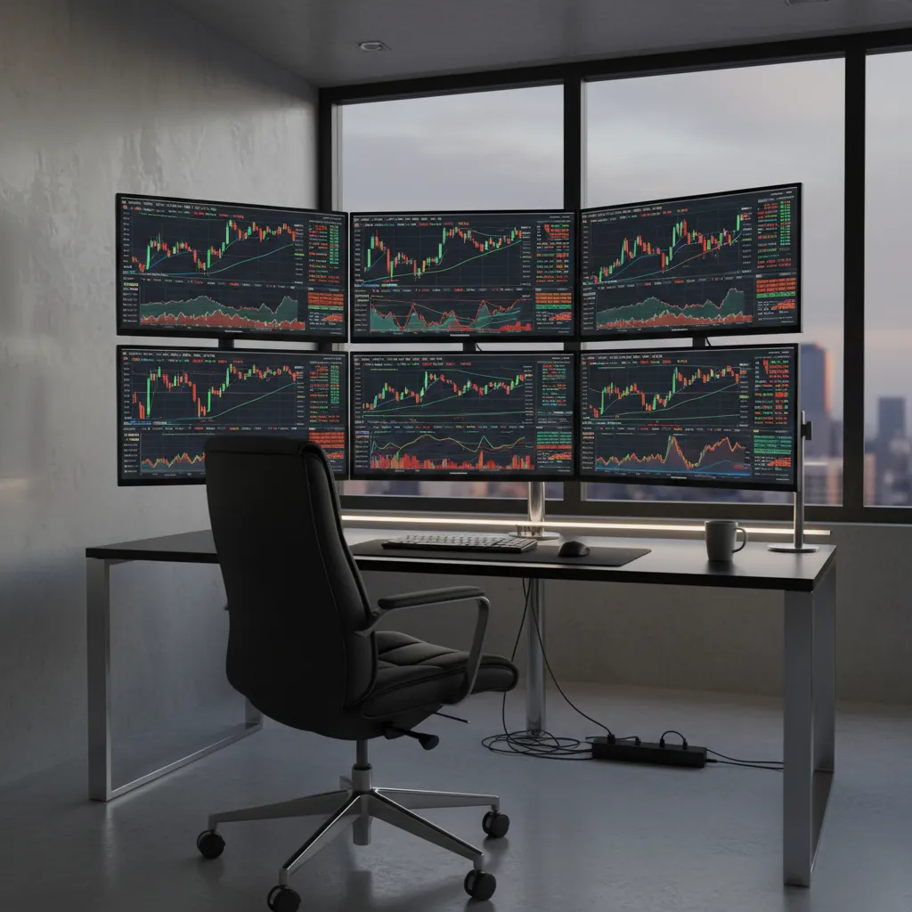 financial trader home office with multiple stacked monitors