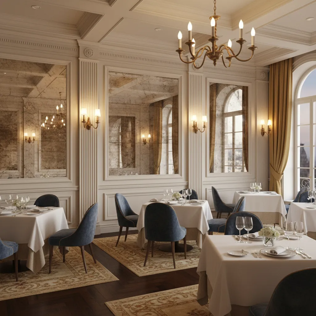 Fine dining restaurant interior with decorative mirror panels and elegant lighting