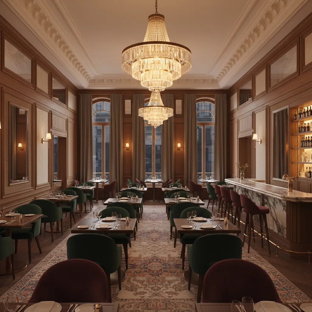 Fine dining restaurant interior with crown molding and chandelier lighting