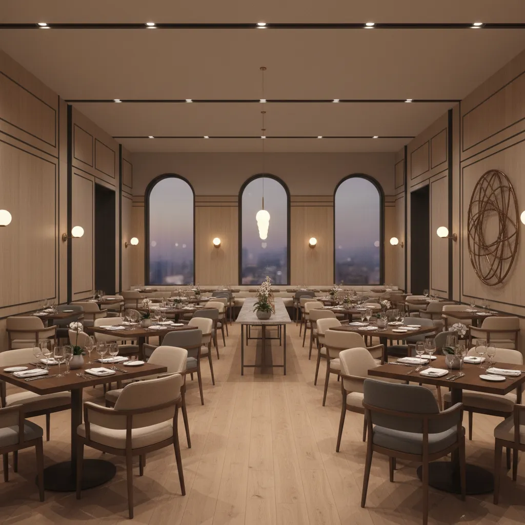 Elegant fine dining restaurant interior with modern seating and warm lighting