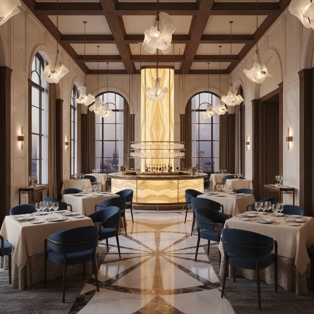 fine dining restaurant layout with widely spaced tables and elegant lighting