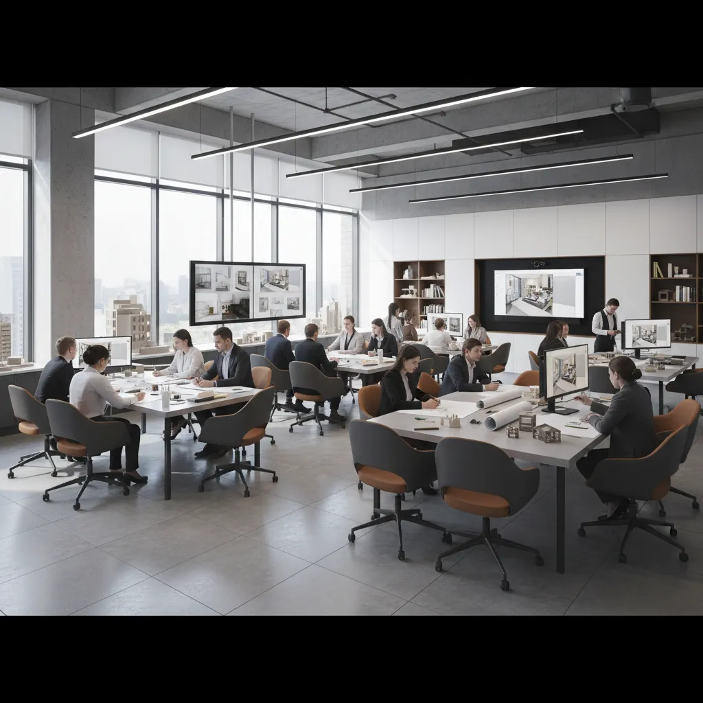 Modern office with designers working on interior design drawing at desks with computers and windows