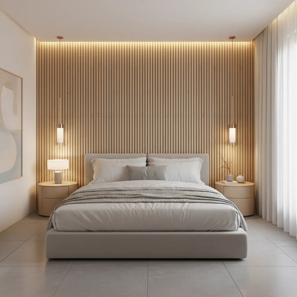 Bedroom with vertical slat finish board headboard wall