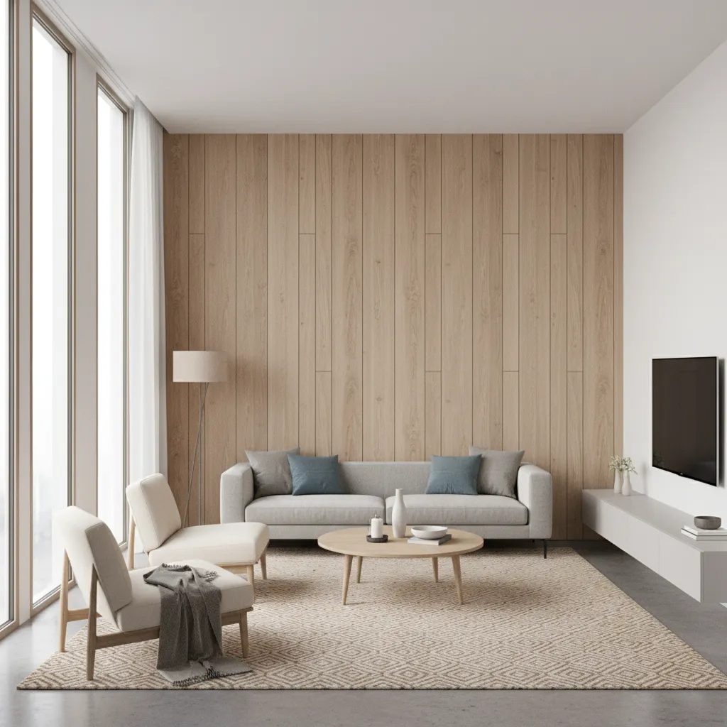 Living room with vertical finish board feature wall