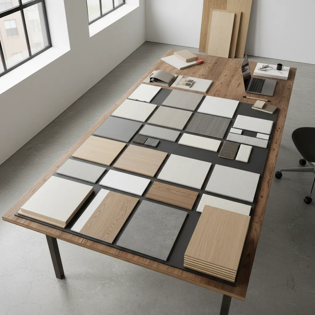 Interior design desk with finish board material samples including laminate veneer and MDF panels