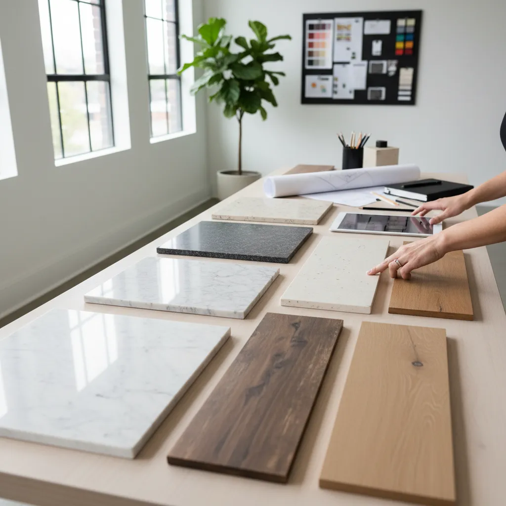 Interior designer comparing flooring and countertop samples on a workspace table