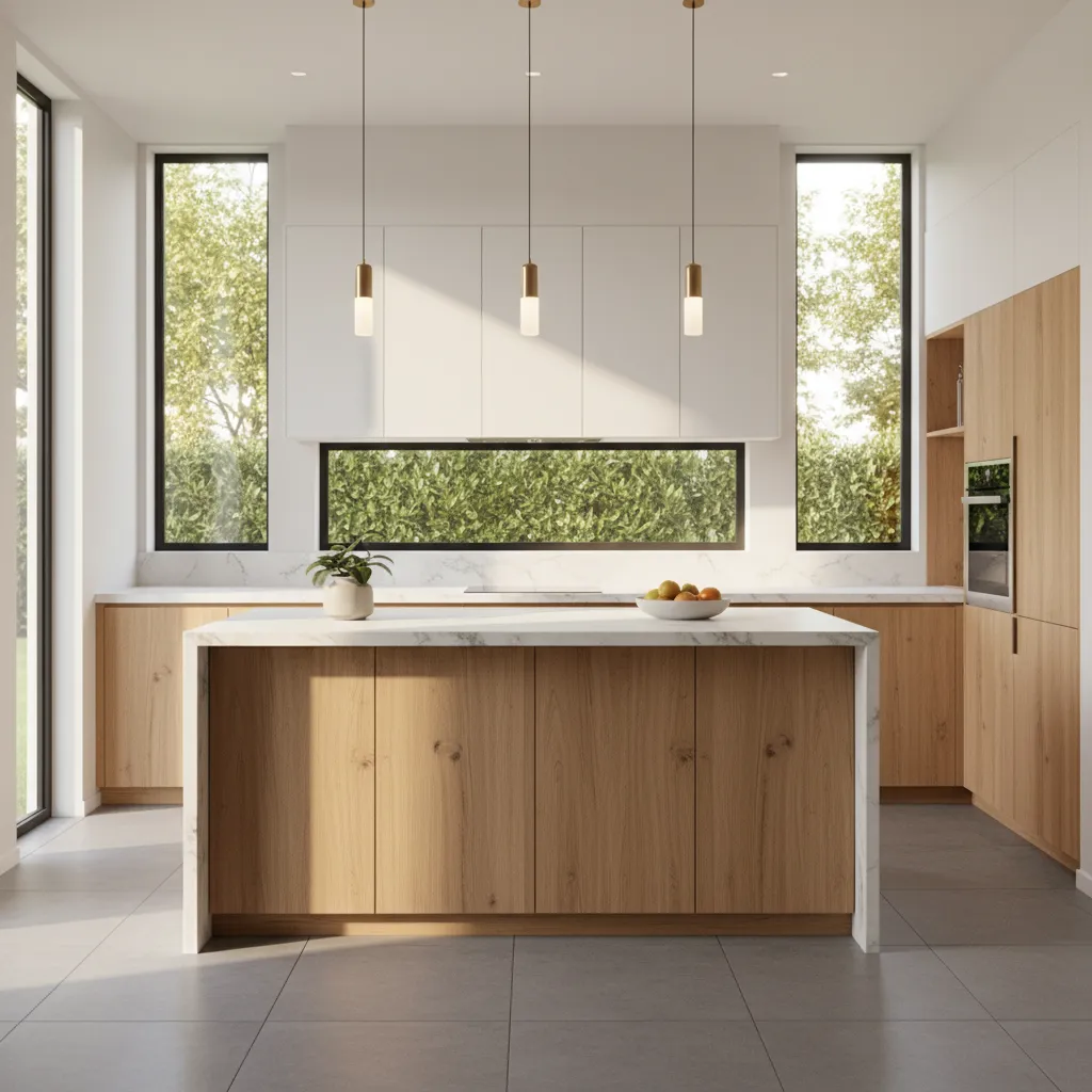 Completed modern kitchen cabinet design rendered in realistic 3D