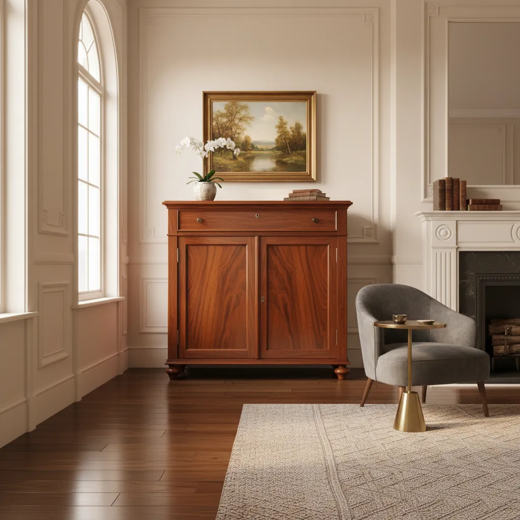 beautifully restored antique wooden cabinet with rich natural finish in interior setting