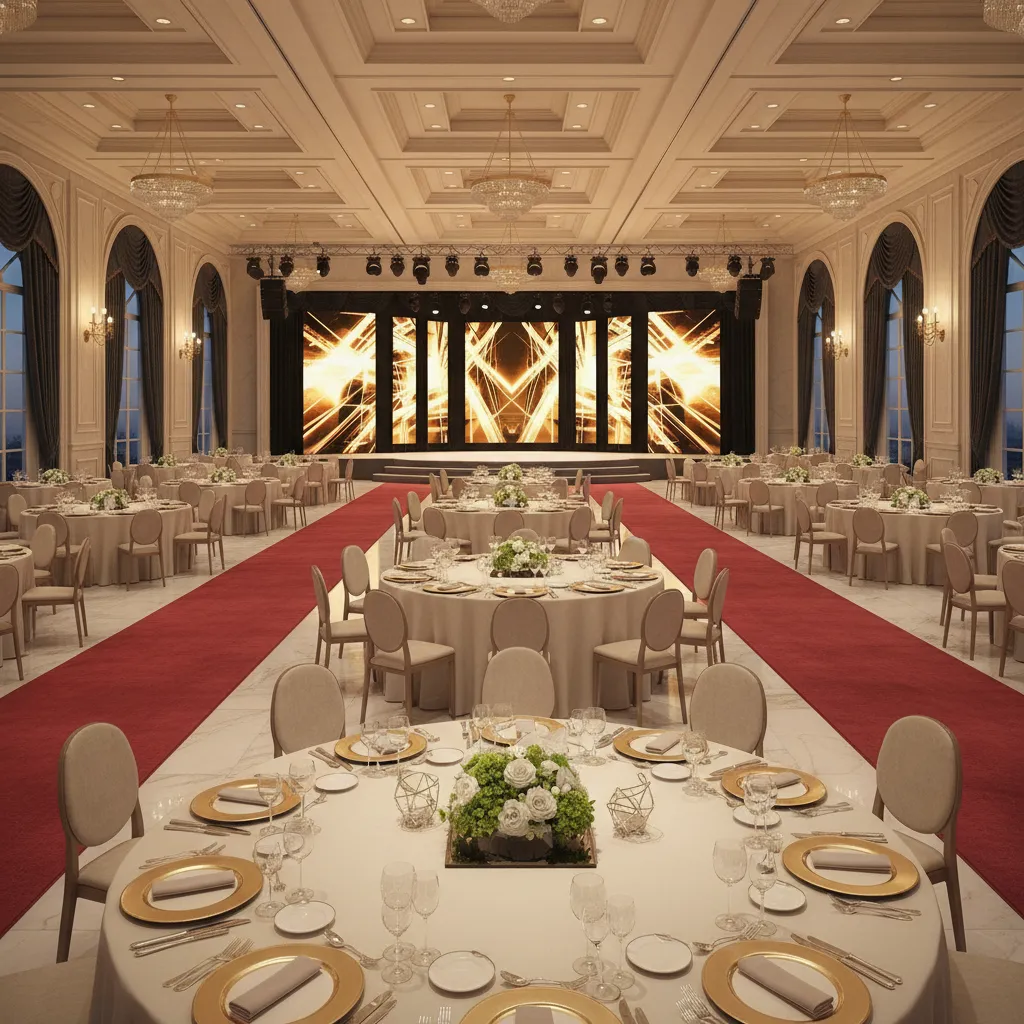 Finished banquet event setup with organized seating and central stage