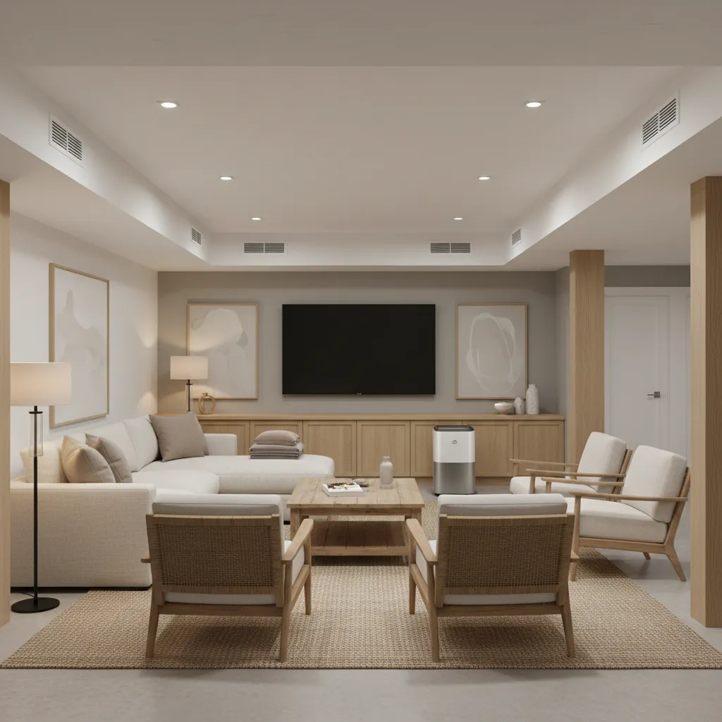 Finished residential basement with dehumidifier and proper ventilation layout