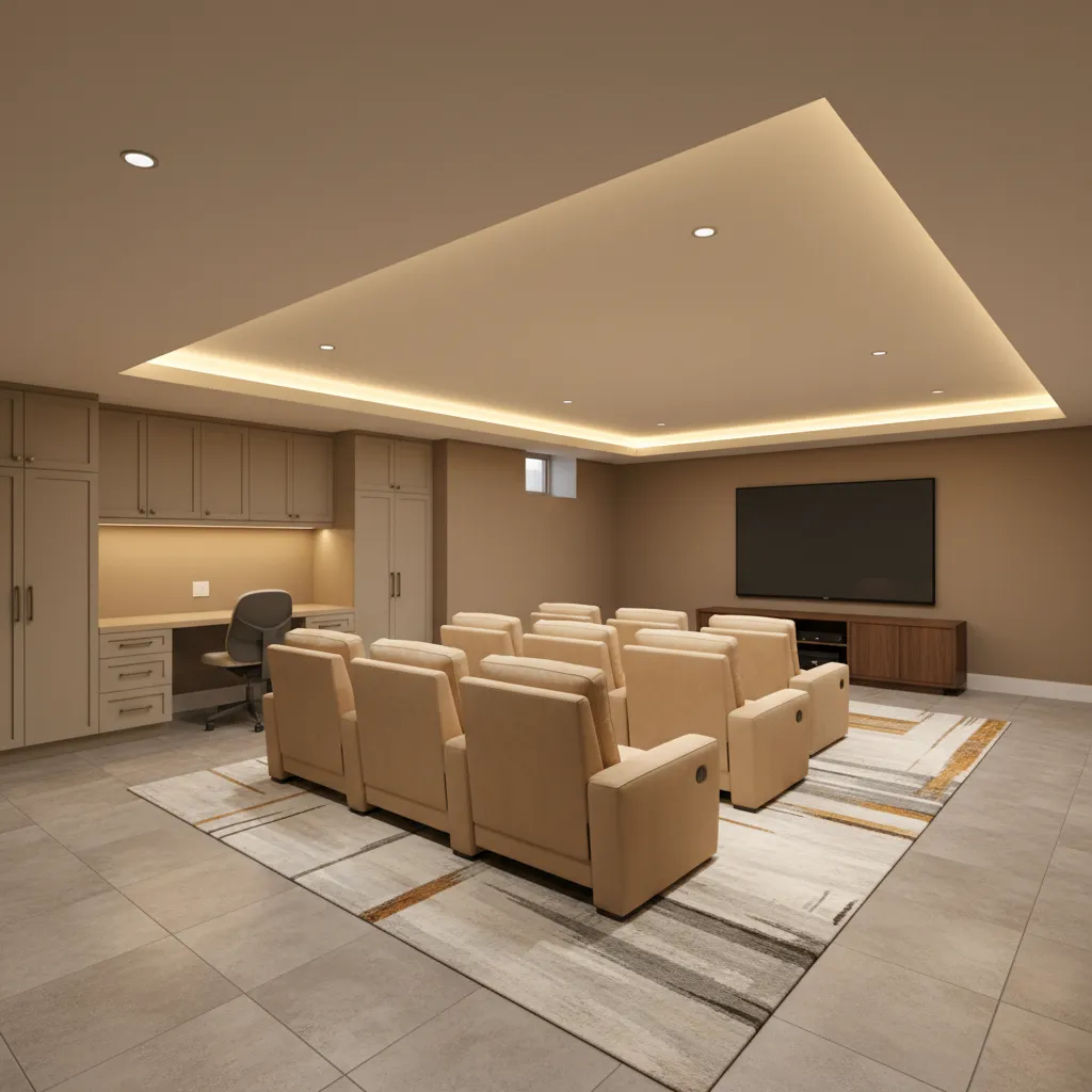 Modern finished basement with home theater seating and workspace layout