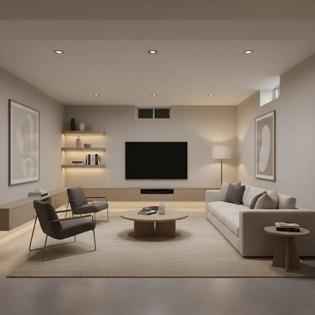 Modern basement living room with white sofa grey chairs wooden coffee table and hanging television