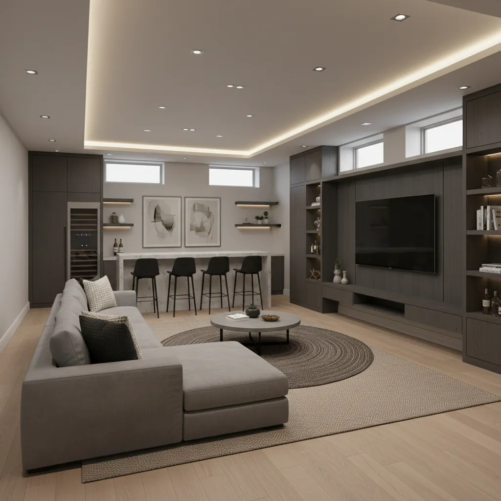 Large finished basement recreation room with lounge seating and entertainment area