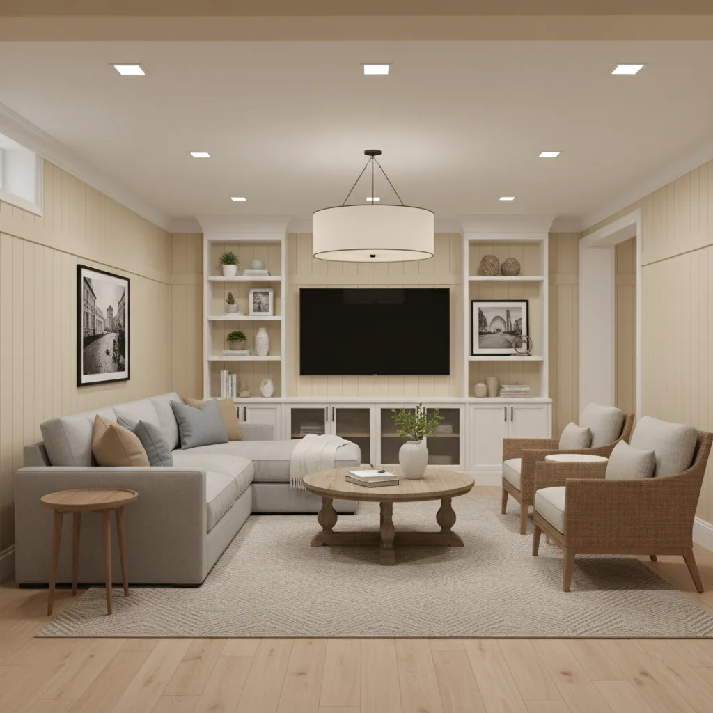 Modern finished basement interior with paneled beadboard wall treatment