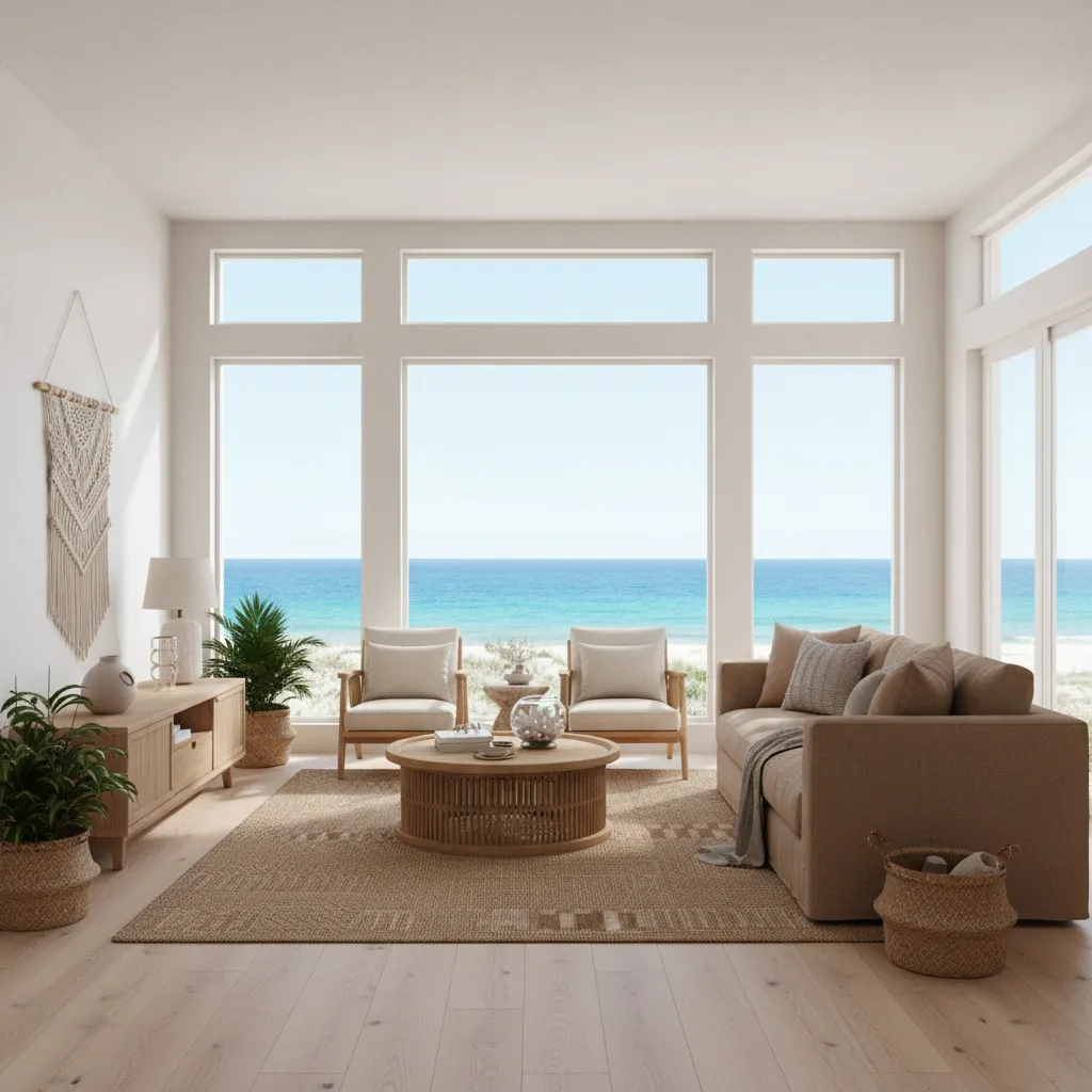 Finished modern coastal living room with natural textures and ocean view