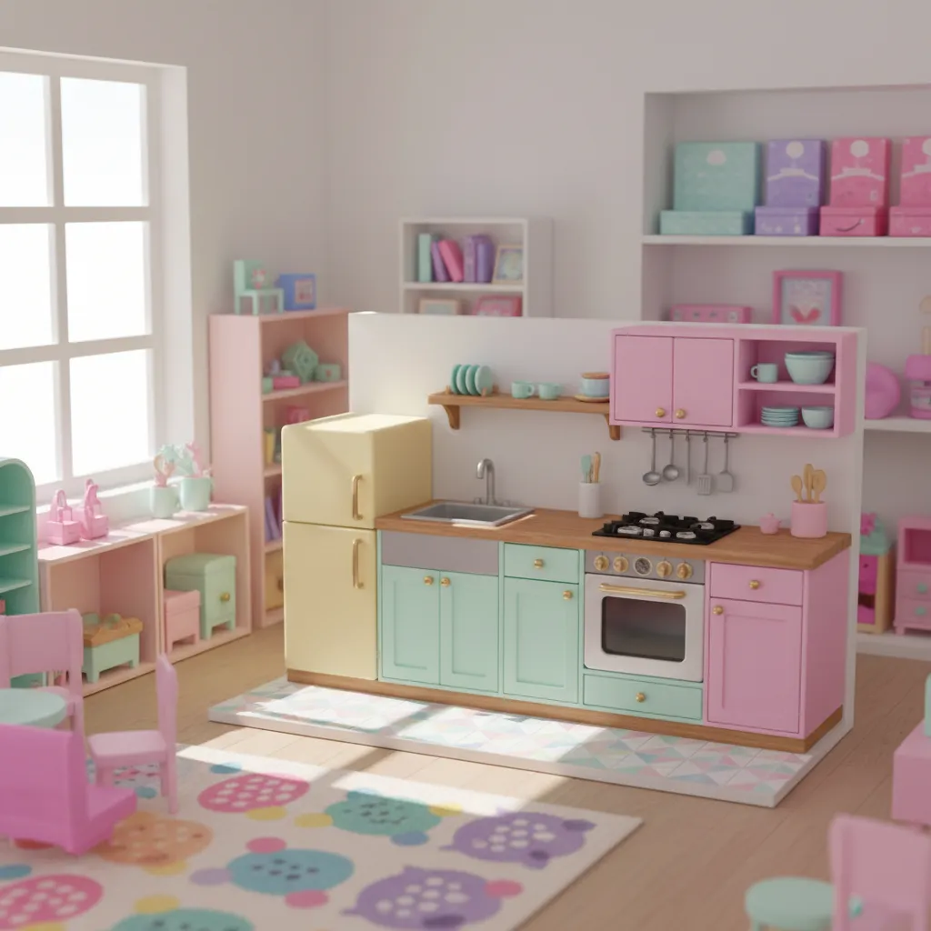 Completed DIY Barbie kitchen playset with miniature cabinets stove and sink