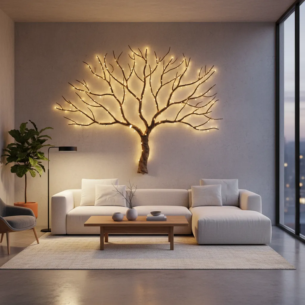 Completed DIY wall tree decor with lights and wooden branches in cozy interior