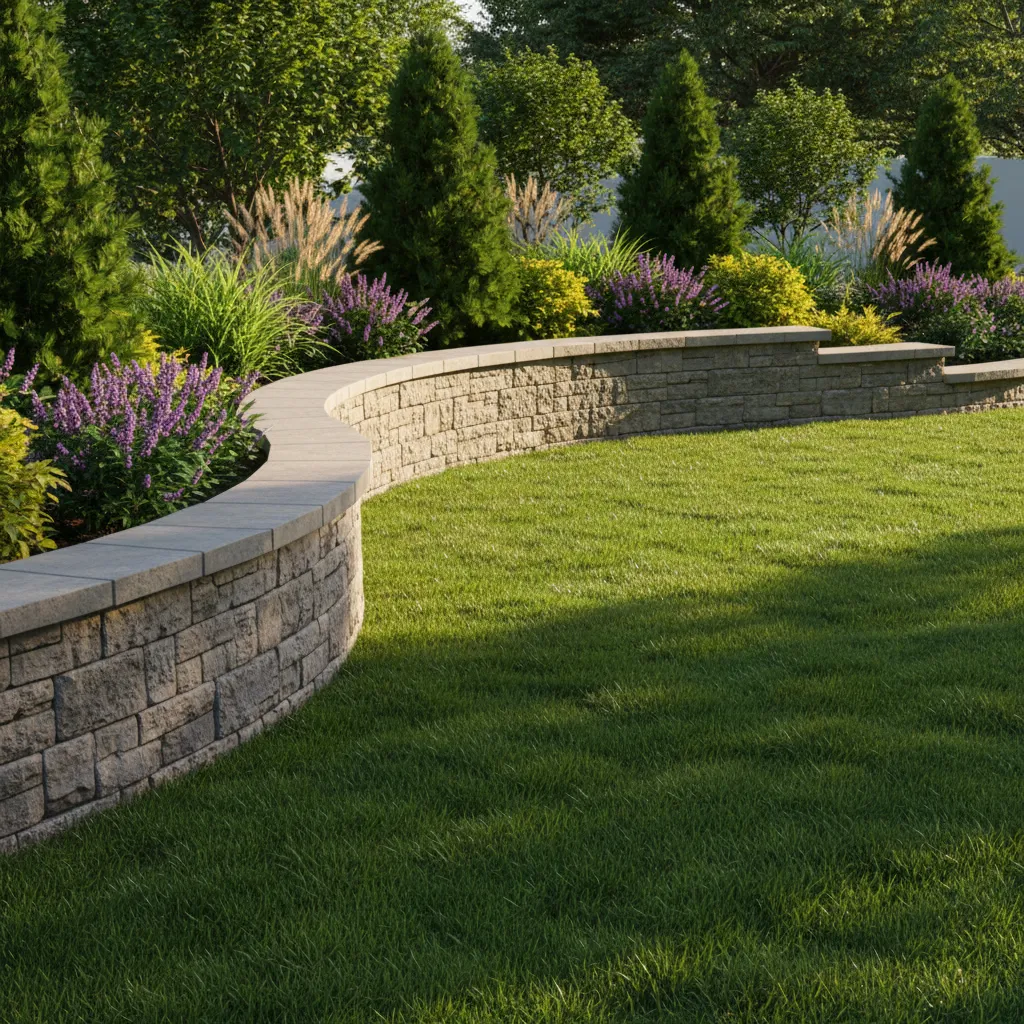 completed freestanding garden paver wall in landscaped backyard