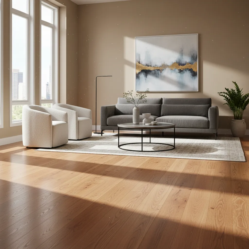 Beautiful finished hardwood floor after refinishing in modern living room